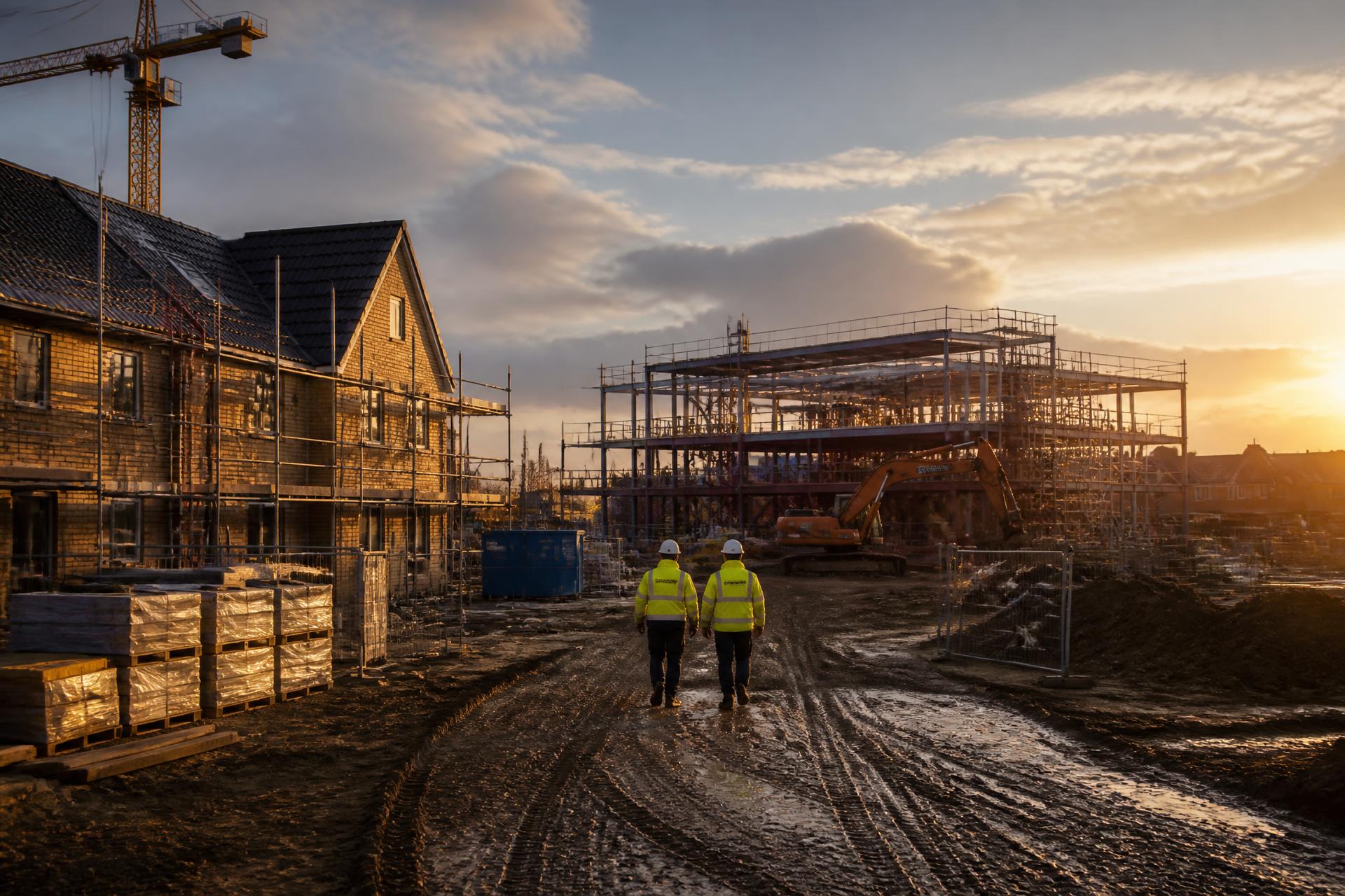 UK construction site at golden hour with scaffolding, tower crane and workers